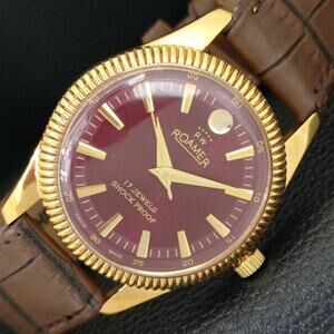 Vintage 1977 Roamer Manual Mens Gold Watch W/Leather Strap & Red accents